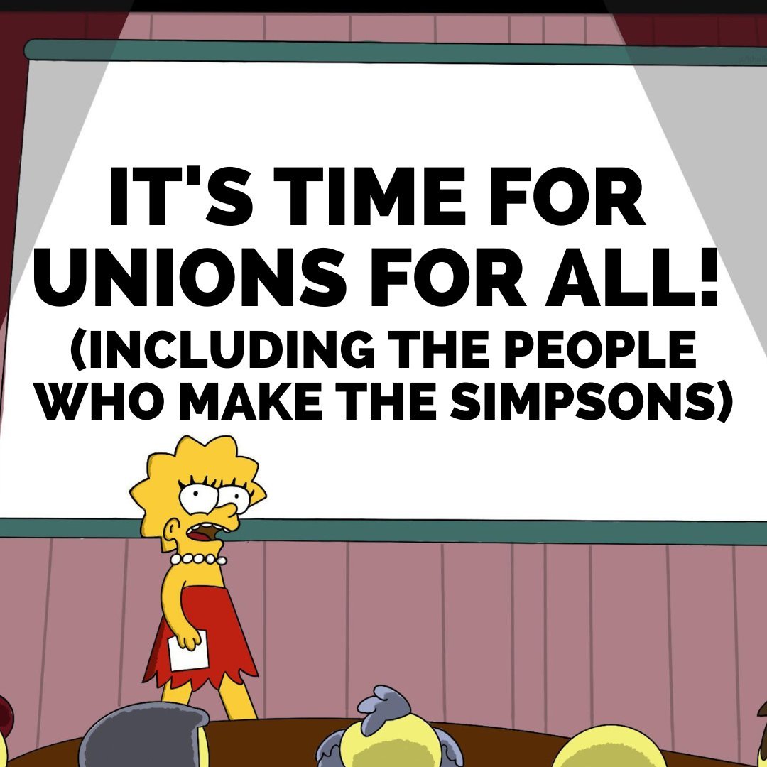 The folks who make the Simpsons, Family Guy, and American Dad! are officially #union after voting by over 90% to join the Animation Guild!

                                                                                        Learn more at the link in our bio.

                                                                                        #unionstrong
                                                                                        #1u