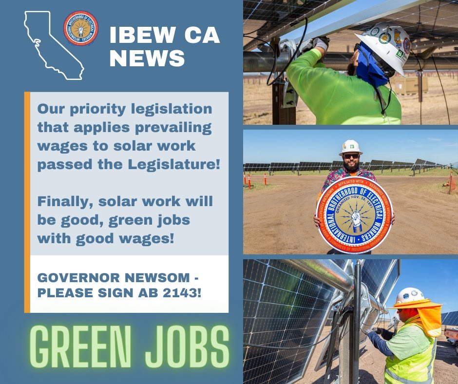 #IBEW win For #GreenJobs! Our priority legislation that applies prevailing wages to #solar work has passed the legislature!
This move to address climate change will also create great careers. IBEW 332 encourages Governor
 to support and sign #AB2143!
#unionstrong #1u