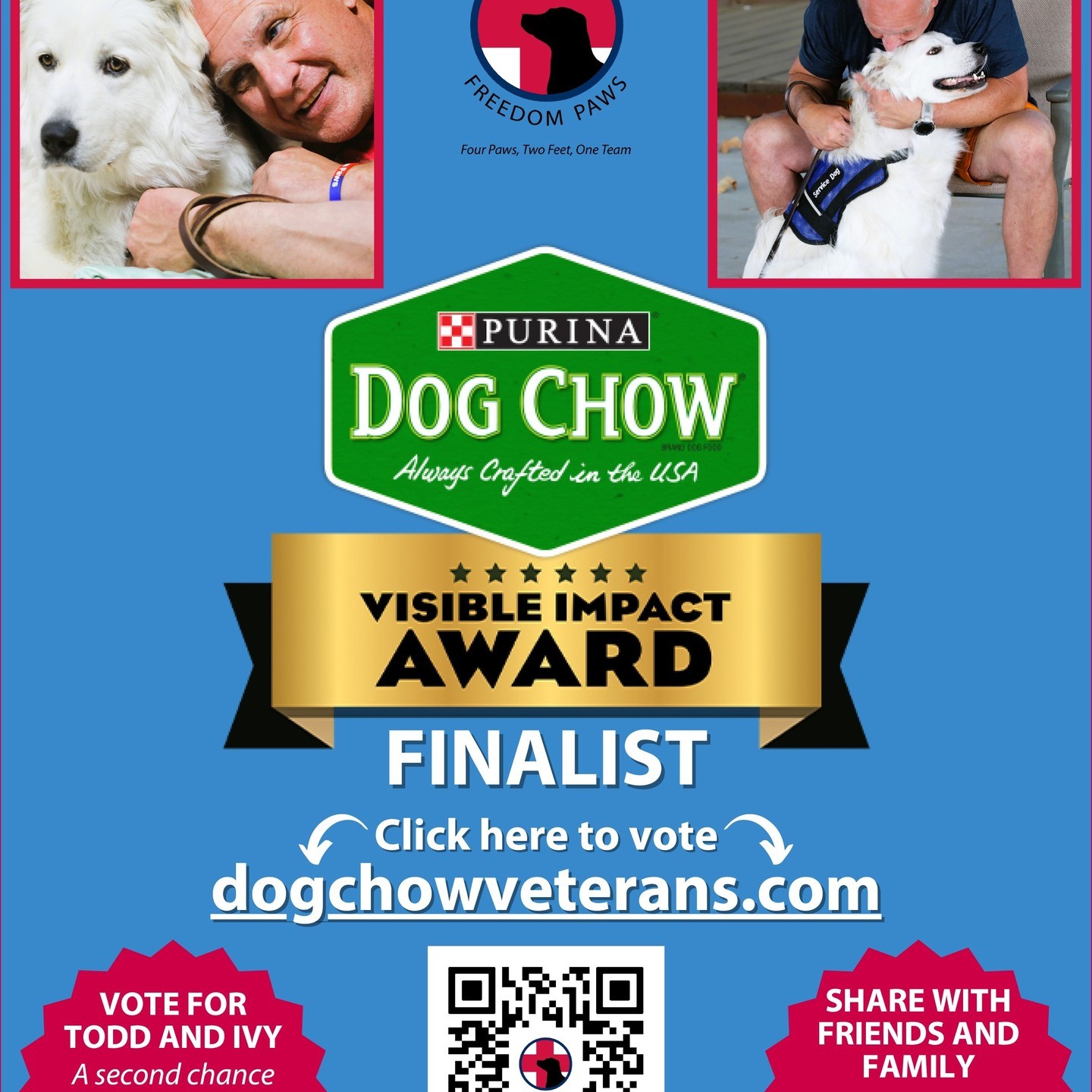 Vote for your Ivy and help more military veterans in need. PTSD service dogs are changing the lives of military veterans across the country, and the five dogs below are no exception. Read the remarkable stories of these Visible Impact Award finalists, then vote for your favorite to win the $10,000 grand prize (plus $25,000 for the organization that trained them).
For every vote cast, Dog Chow will also donate $5 to the Association of Service Dog Providers for Military Veterans (up to $75,000) to help train more PTSD service dogs at no cost to veterans.

Vote at the link in our bio.